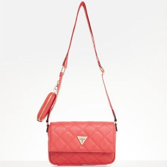GUESS Colton Crossbody Pink Faux Leather Quilted Flap Shoulder Bag & Mini Pouch - Picture 2 of 16